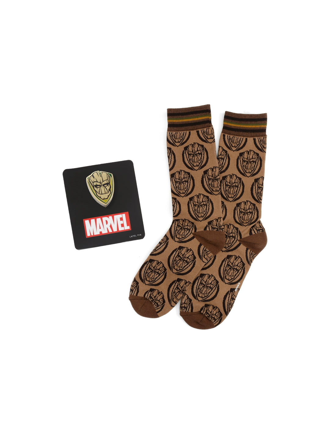 Marvel Guardians of the Galaxy Groot Brown Tonal Gift Set featuring brown crew socks with a repeating Groot face pattern and a Groot lapel pin on a display card.