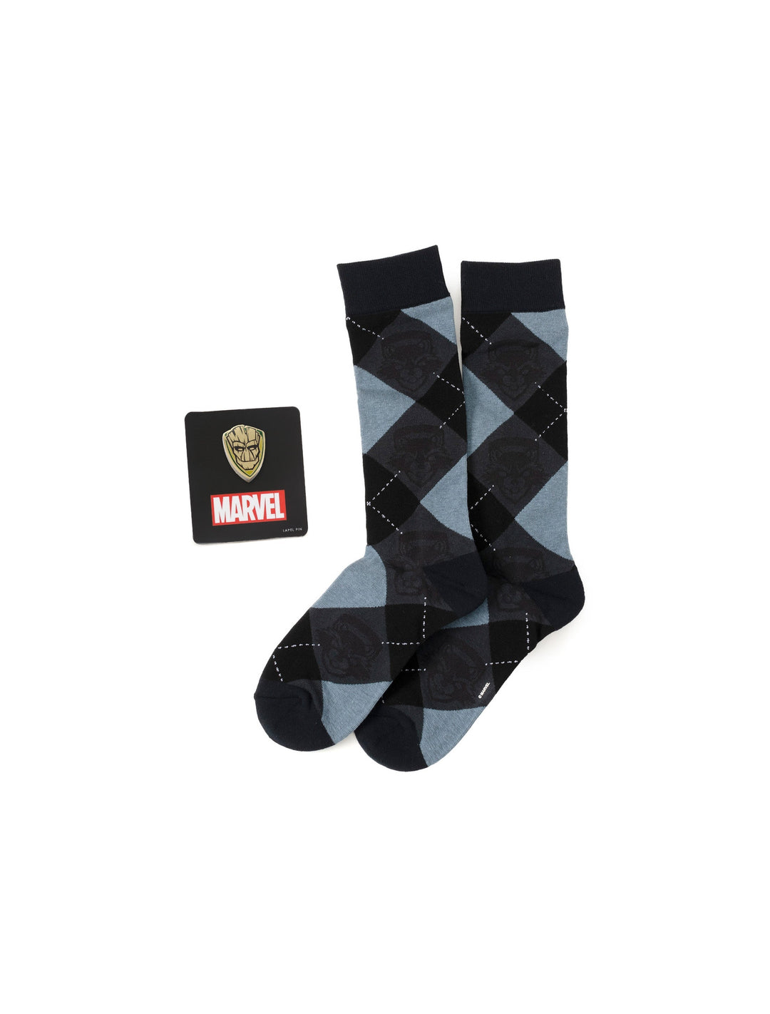 Marvel Guardians of the Galaxy Groot Rocket Argyle Blue Gift Set featuring blue and black argyle socks patterned with Groot and Rocket Raccoon next to a square Marvel Groot lapel pin.