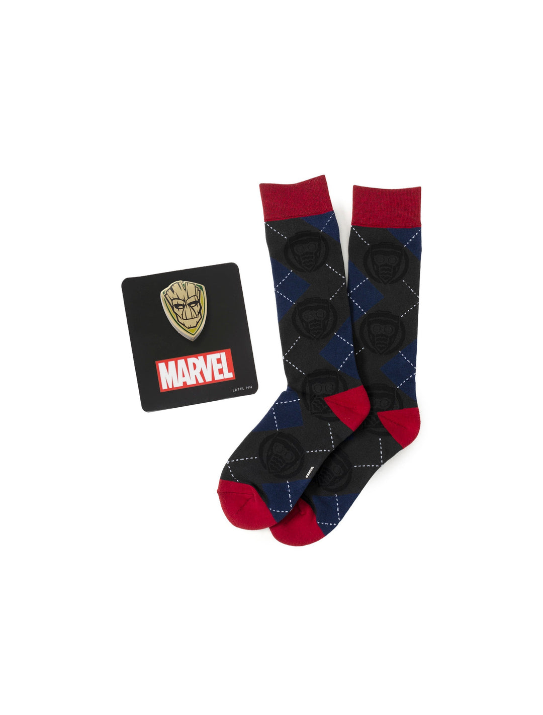 Marvel Guardians of the Galaxy Groot Star-Lord Charcoal Argyle Gift Set featuring a pair of argyle men’s socks with Groot silhouettes and a Groot lapel pin on a display card.