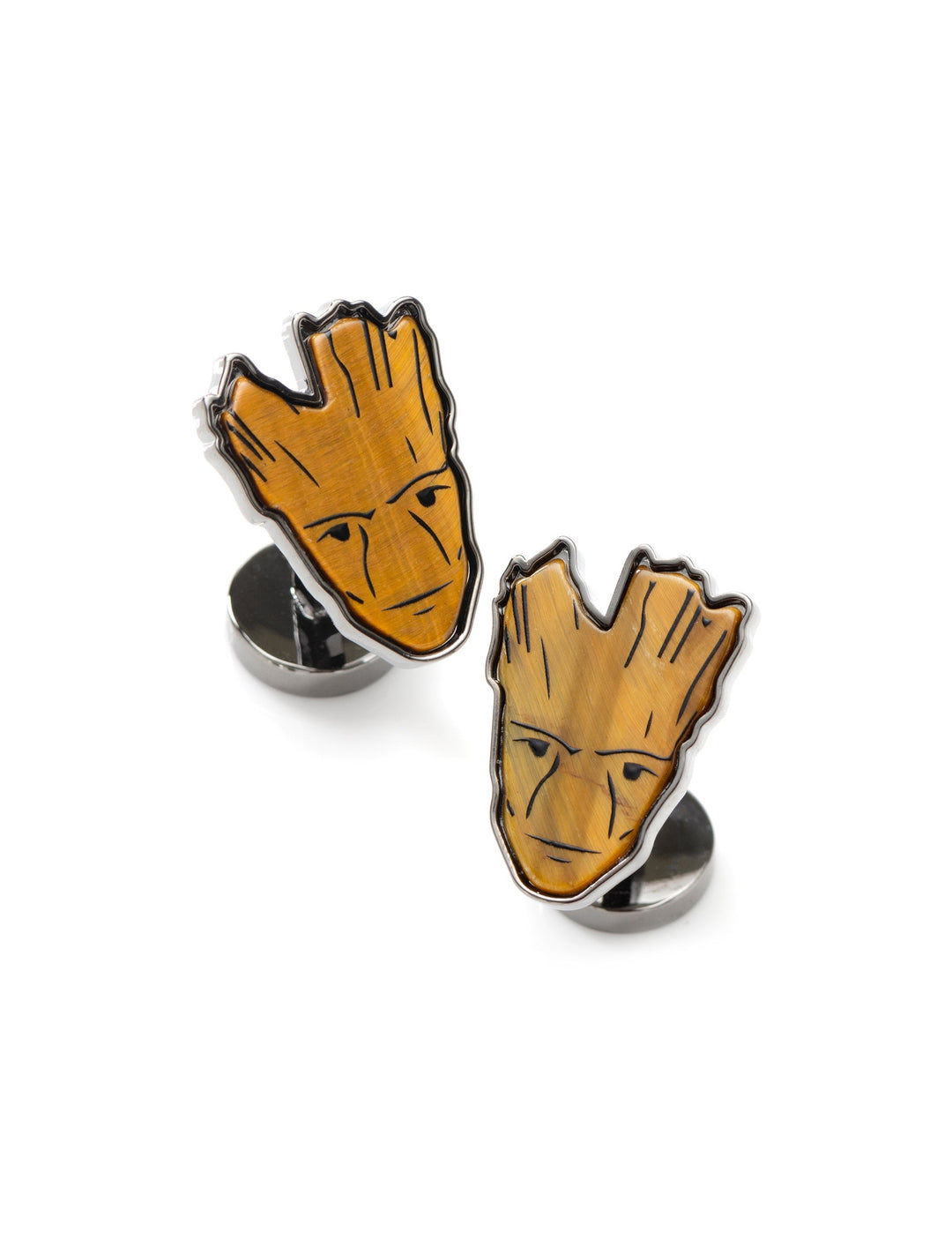 Marvel Guardians of the Galaxy Groot Tigers Eye Cufflinks, featuring two Groot-shaped pieces crafted from brown, wood-grained tiger’s eye stone with metal trim.