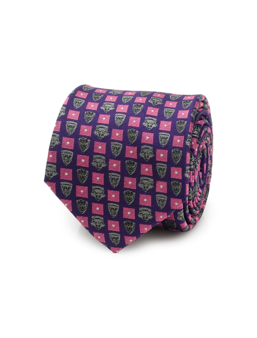 Rolled Marvel Guardian’s of the Galaxy Purple Men’s Tie in silk with a checkered pattern of grey character masks and pink squares with white dots.