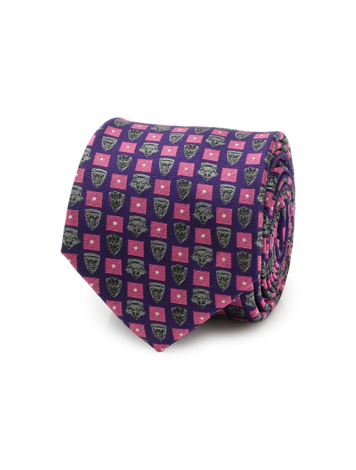 Rolled Marvel Guardian’s of the Galaxy Purple Men’s Tie in silk with a checkered pattern of grey character masks and pink squares with white dots.