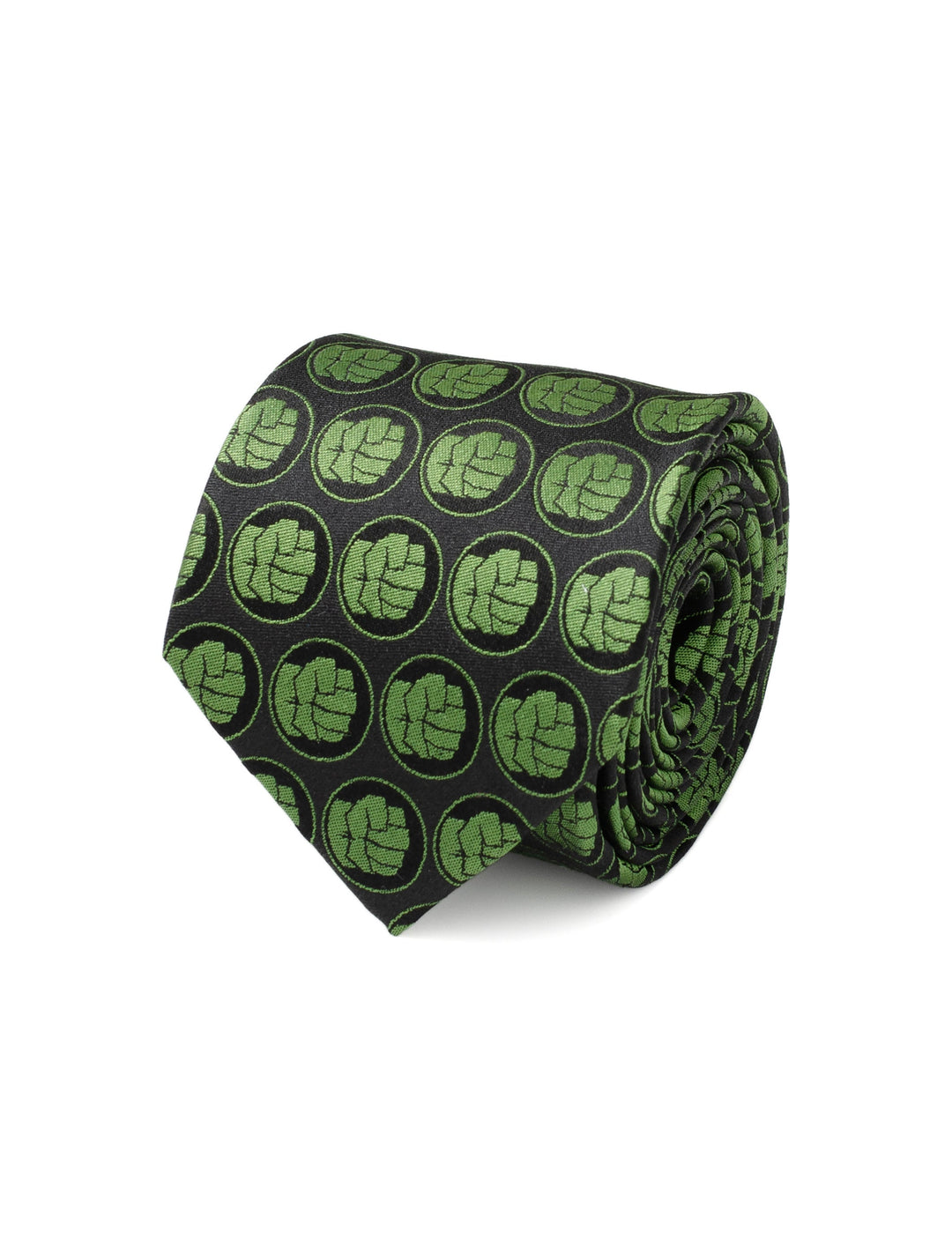 Marvel Hulk Black Men’s Tie featuring a repeating pattern of green Hulk fist icons in circles.