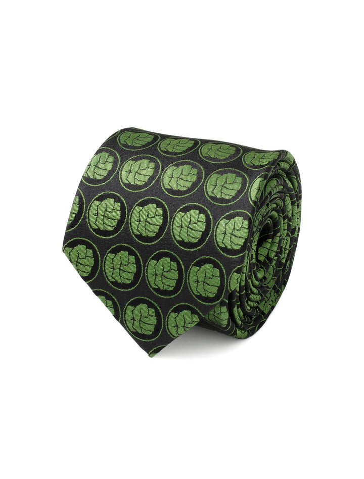 Marvel Hulk Black Men’s Tie featuring a repeating pattern of green Hulk fist icons in circles.