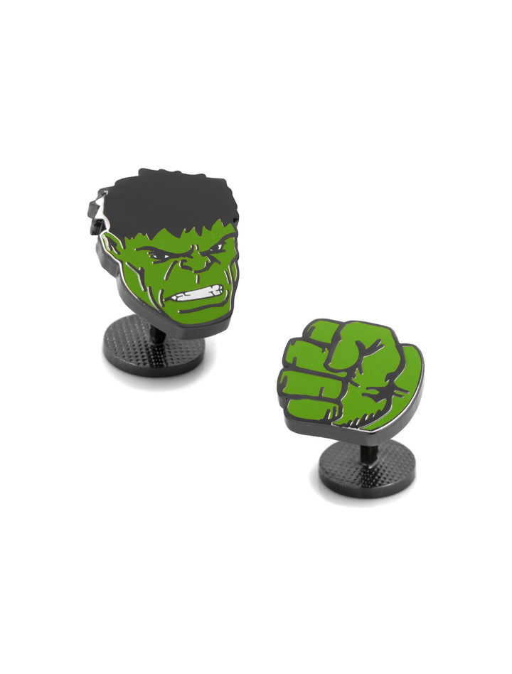 Marvel Hulk Comics Pair Cufflinks featuring the Hulk’s face on one and a green clenched fist on the other.