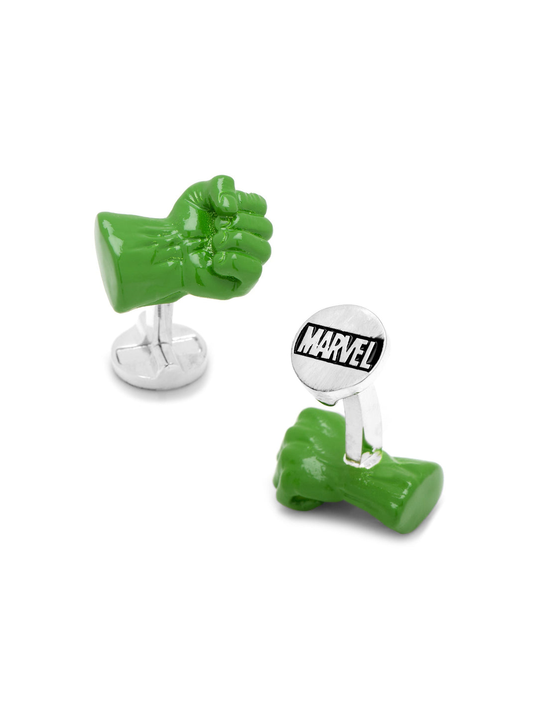 Marvel Hulk Fist 3D Cufflinks featuring one green clenched Hulk fist and one silver disc engraved with the word Marvel.