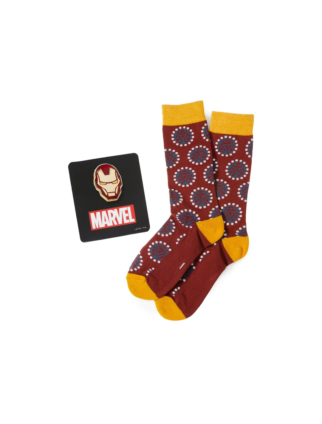 Marvel Iron Man Arc Reactor Red Gift Set featuring a pair of red socks with a repeating arc reactor pattern, yellow cuffs and heels, and a matching enamel lapel pin on a display card.