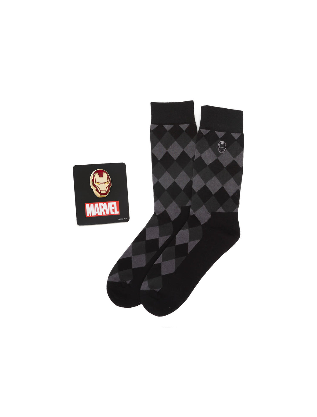 A Marvel Iron Man Argyle Black Gift Set featuring a pair of black and gray argyle socks with a small helmet icon and a coordinating lapel pin on a square backing card.