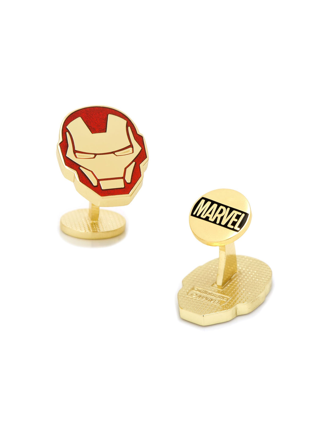 Marvel Iron Man Cufflinks: one gold-tone red and gold helmet mask, the other a circular stud engraved with the Marvel logo.