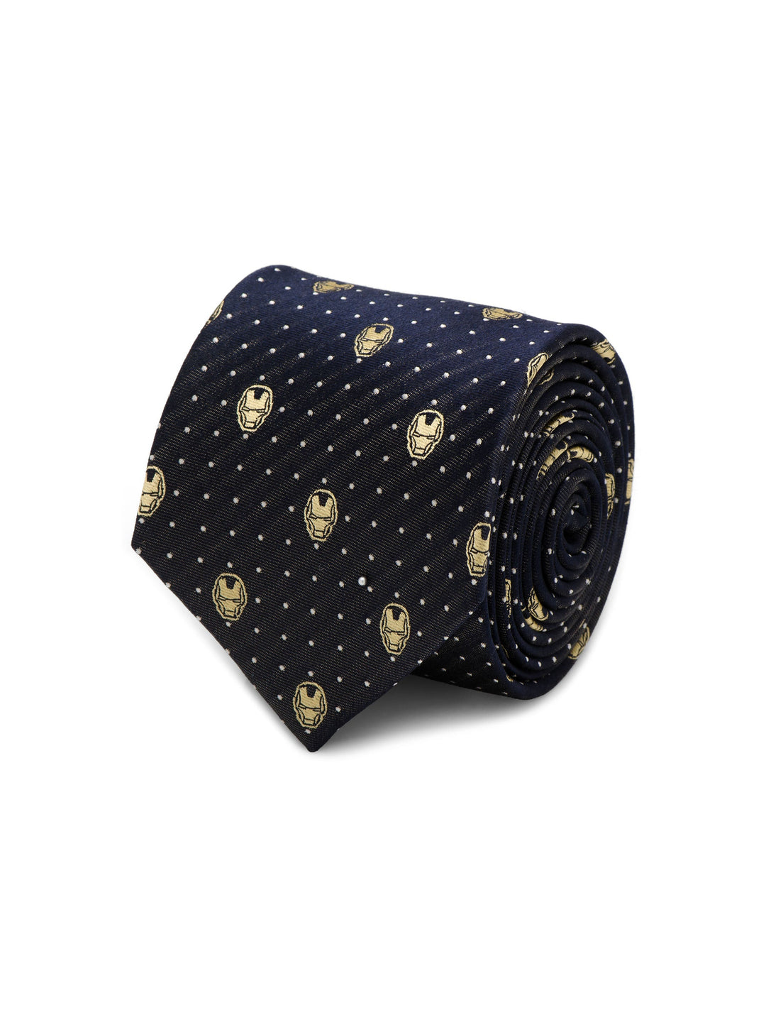 A dark blue silk Marvel Iron Man Gray Dot Tie patterned with small white dots and gold Iron Man helmet icons.