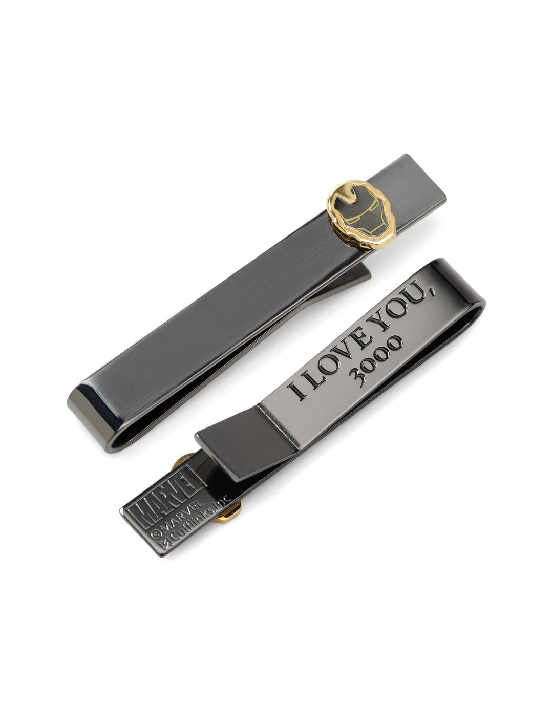 Two dark metal Marvel Iron Man “I Love You 3000” Gunmetal Hidden Message Tie Bars; one features a gold Iron Man mask, the other is engraved on the underside with the text “I LOVE YOU, 3000.”