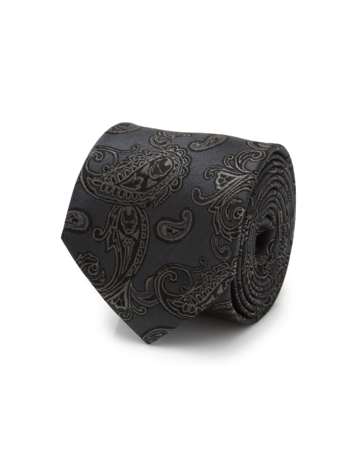 Rolled charcoal Marvel Iron Man Paisley Men’s Tie featuring a black paisley pattern with hidden helmet motifs.
