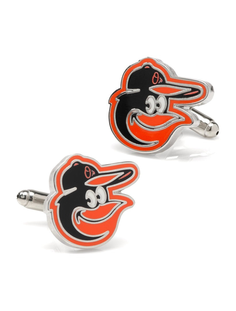 Silver-toned MLB Baltimore Orioles Cufflinks featuring the team’s bird mascot logo in enamel; all sales are final.