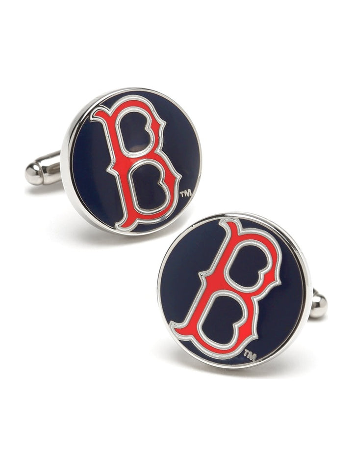 MLB Boston Red Sox Classic Cufflinks featuring two round silver cufflinks with a red “B” logo on a navy blue background.