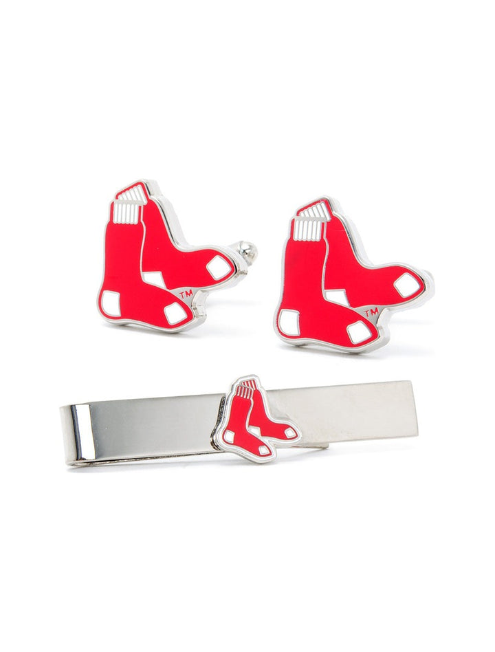 An MLB Boston Red Sox Cufflinks and Tie Bar Gift Set featuring two silver cufflinks and a matching tie bar, each with a red and white sock emblem.