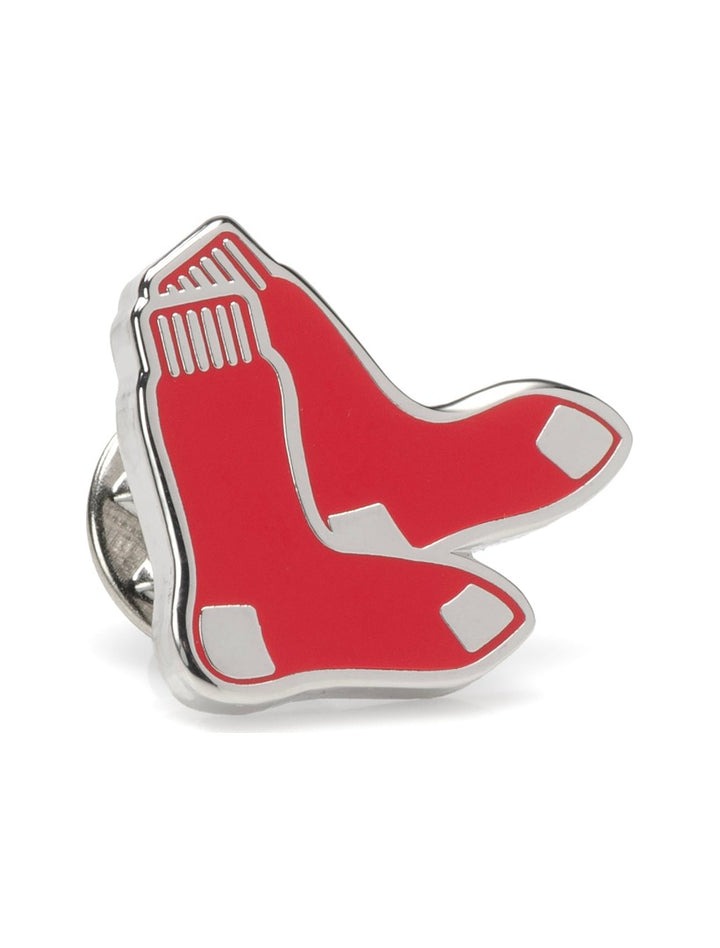 MLB Boston Red Sox Lapel Pin shaped like two metal red socks with silver detailing.