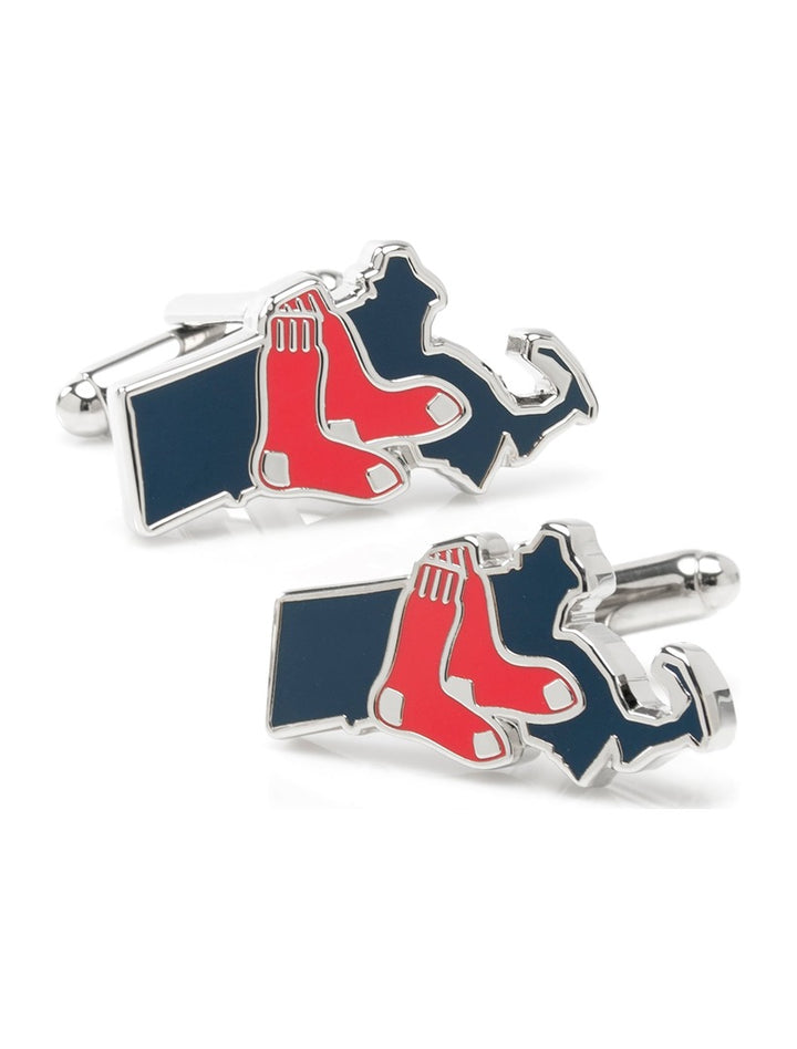 Silver-toned MLB Boston Red Sox State Shaped Cufflinks in the shape of Massachusetts, featuring a red pair of socks icon.