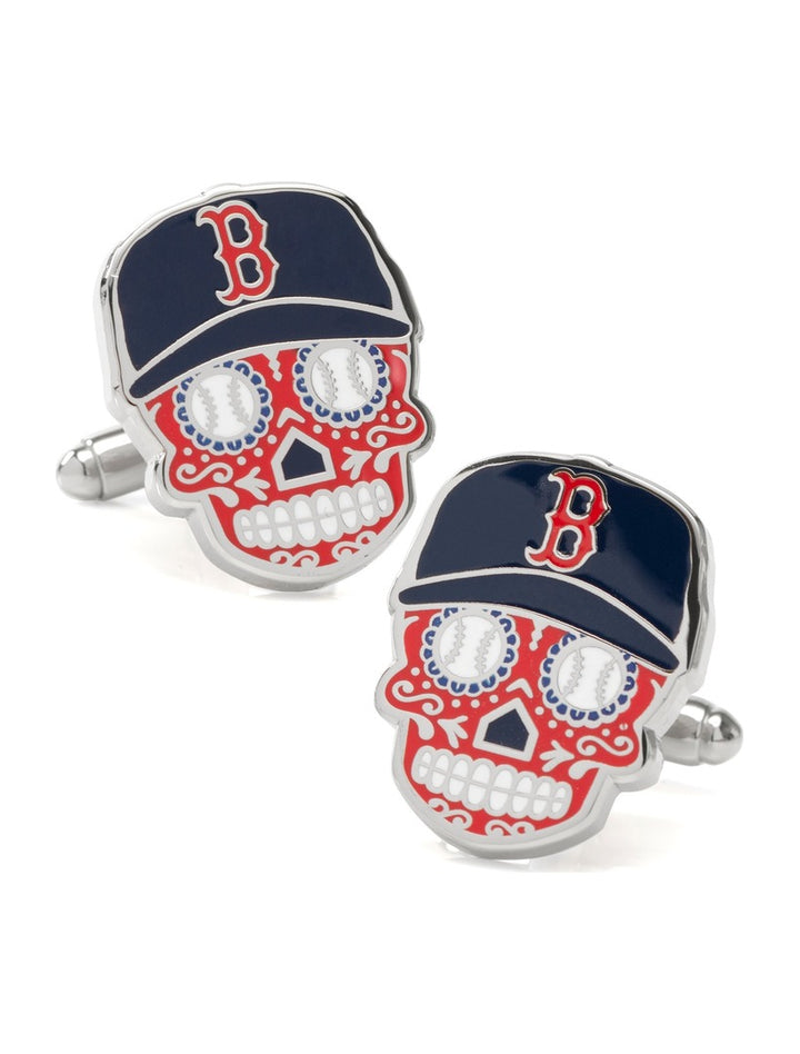 MLB Boston Red Sox Sugar Skull Cufflinks featuring a pair of silver-tone sugar skulls, each wearing a navy blue baseball cap with a red “B” logo.