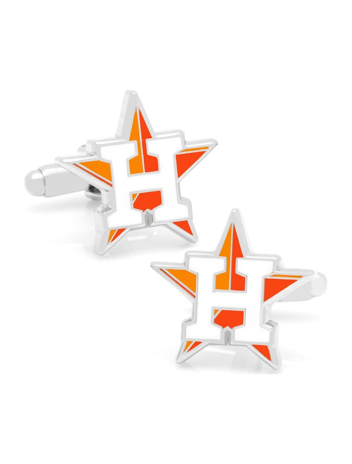 MLB Houston Astros cufflinks shaped like an orange and white star with a large letter H in the center.