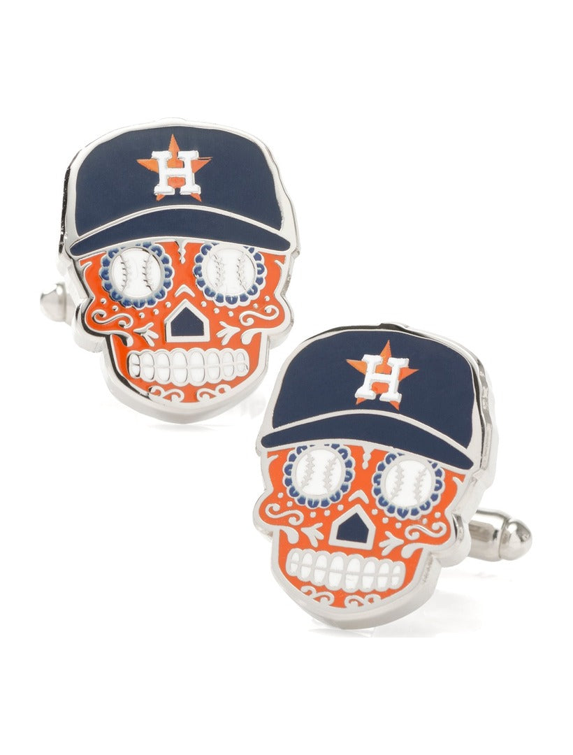 MLB Houston Astros Sugar Skull Cufflinks featuring sugar skulls wearing baseball caps with a team logo and baseball-patterned eye sockets.