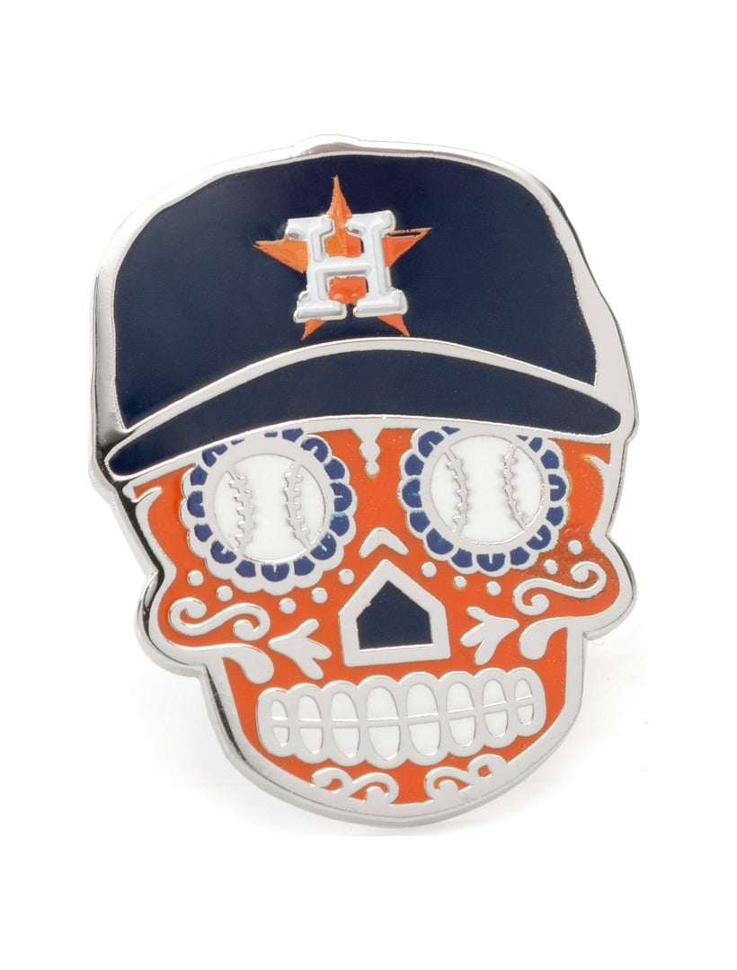 MLB Houston Astros Sugar Skull Lapel Pin featuring a navy baseball cap with an orange and white H logo, baseballs for eyes, and orange decorative patterns.