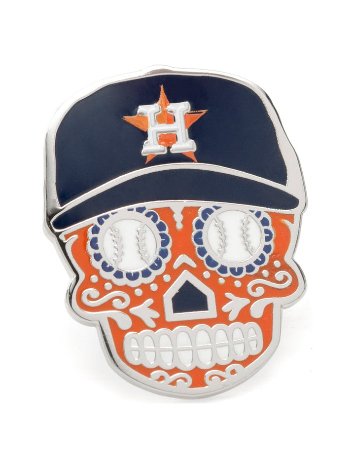 MLB Houston Astros Sugar Skull Lapel Pin featuring a navy baseball cap with an orange and white H logo, baseballs for eyes, and orange decorative patterns.