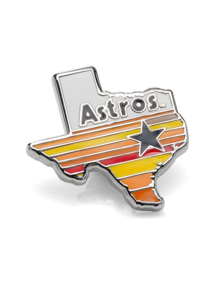 MLB Houston Astros Tequila Sunrise Lapel Pin shaped like the state of Texas with horizontal yellow, orange, and red stripes, a black star, and the word “Astros” in silver lettering.