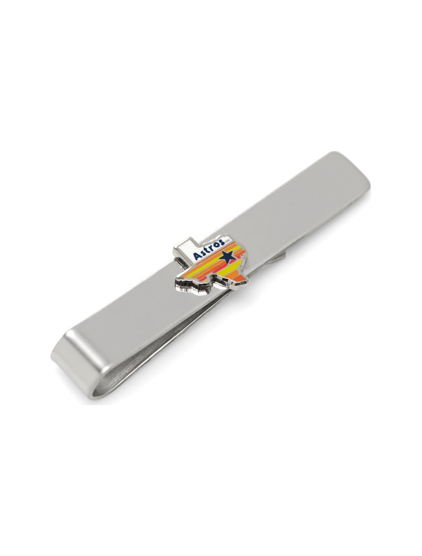MLB Houston Astros Tequila Sunrise Tie Bar featuring a silver Texas-shaped emblem with a Tequila Sunrise design and the word “Astros” in blue text.