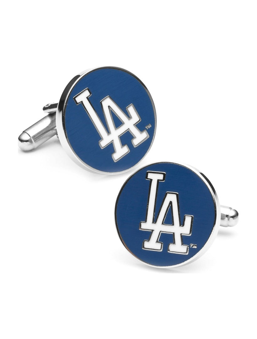 MLB LA Dodgers Cufflinks featuring a round silver design with a blue face and the white team logo.