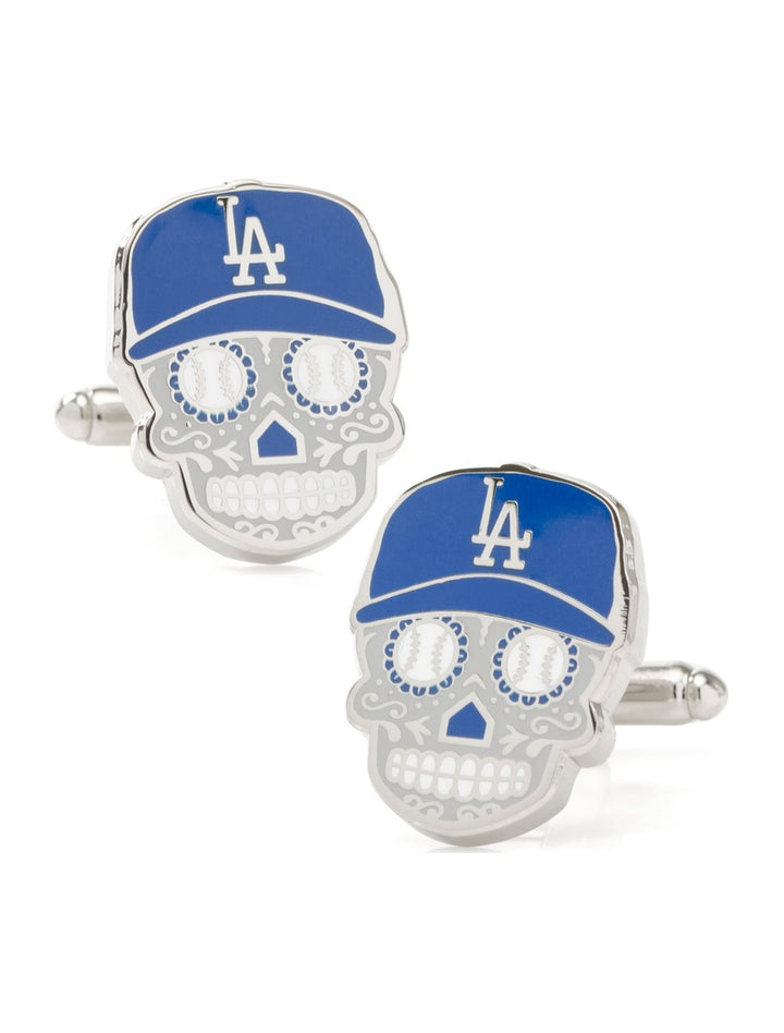 MLB LA Dodgers Sugar Skull Cufflinks featuring a silver-tone skull wearing a blue LA logo baseball cap with baseball-patterned eyes.
