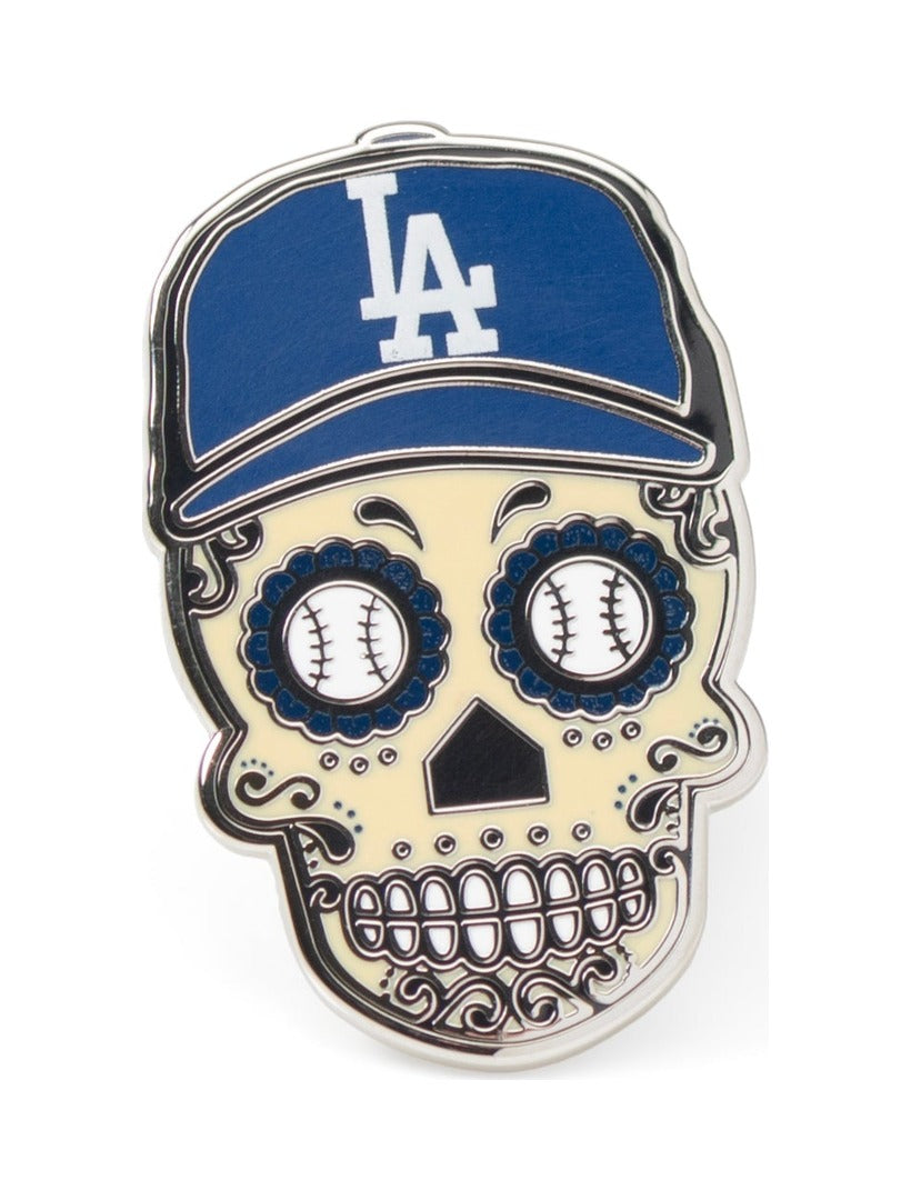 MLB LA Dodgers Sugar Skull Lapel Pin featuring a sugar skull with baseballs for eyes and a blue LA Dodgers baseball cap.