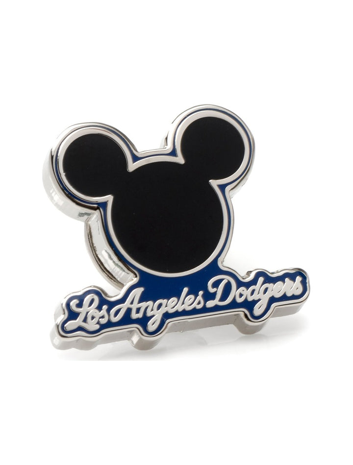 MLB Mickey &amp; LA Dodgers Lapel Pin featuring a black Mickey Mouse silhouette above a blue banner with “Los Angeles Dodgers” in white script.