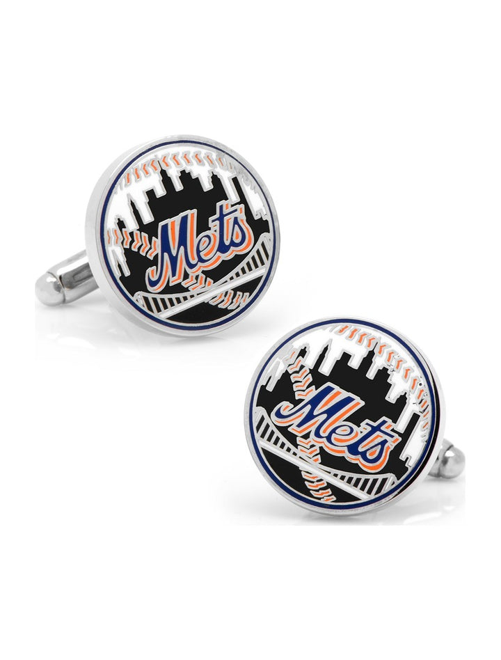 Round silver MLB New York Mets Baseball Cufflinks featuring the team logo and a baseball skyline graphic.