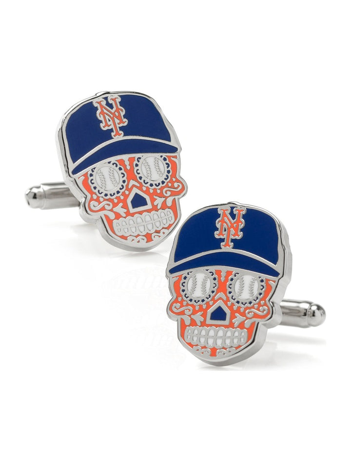 MLB New York Mets Sugar Skull Cufflinks featuring blue baseball caps with orange team logos and baseball-stitched eye sockets.