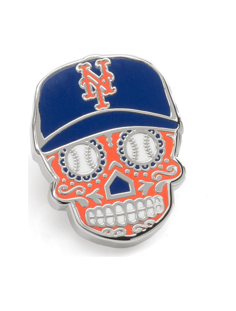 MLB New York Mets Sugar Skull Lapel Pin featuring a silver-toned skull wearing a blue cap with an orange NY logo and baseballs for eyes.