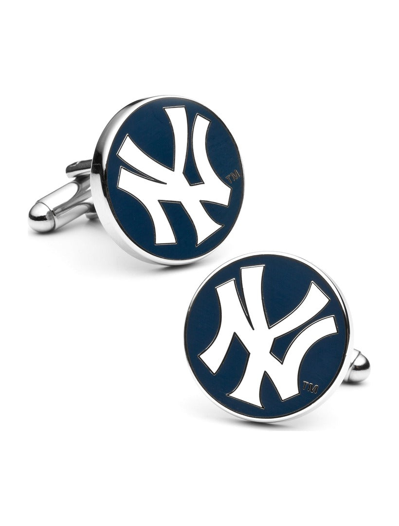 MLB New York Yankees cufflinks featuring a pair of round silver discs with a dark blue background and a white interlocking NY logo.