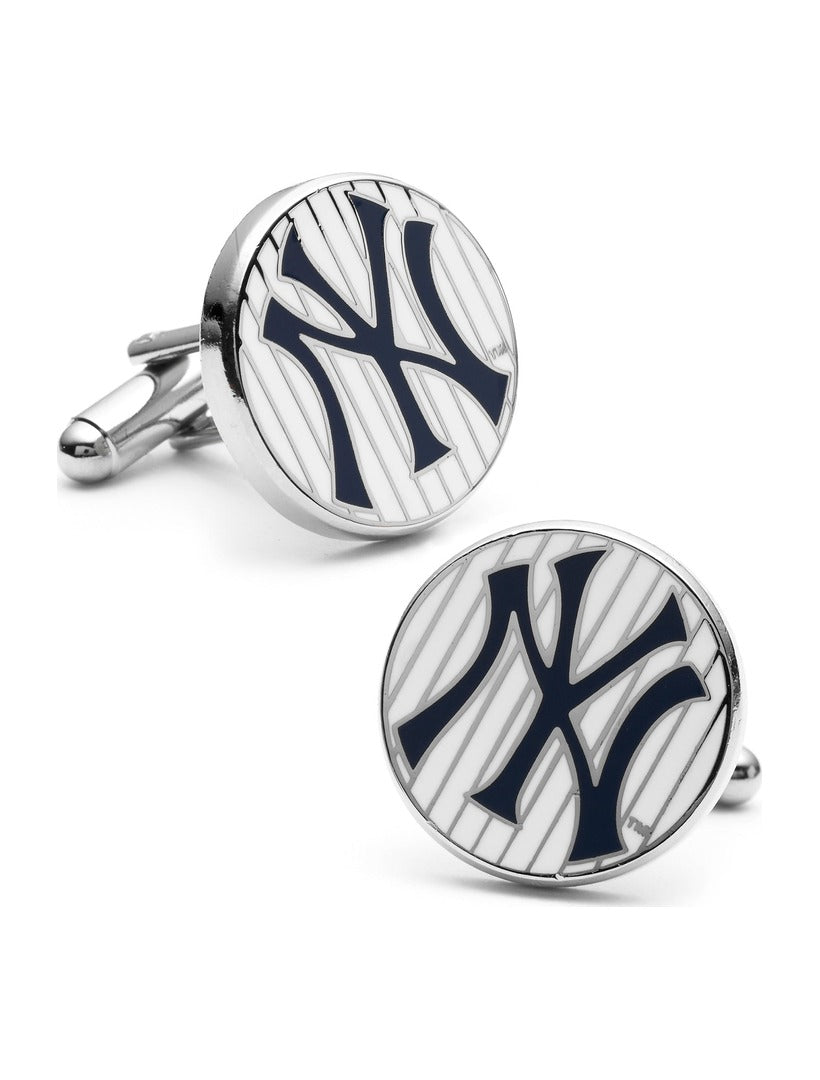 MLB New York Yankees Pinstripe Cufflinks: round silver cufflinks featuring the team logo over navy blue and white pinstripes.