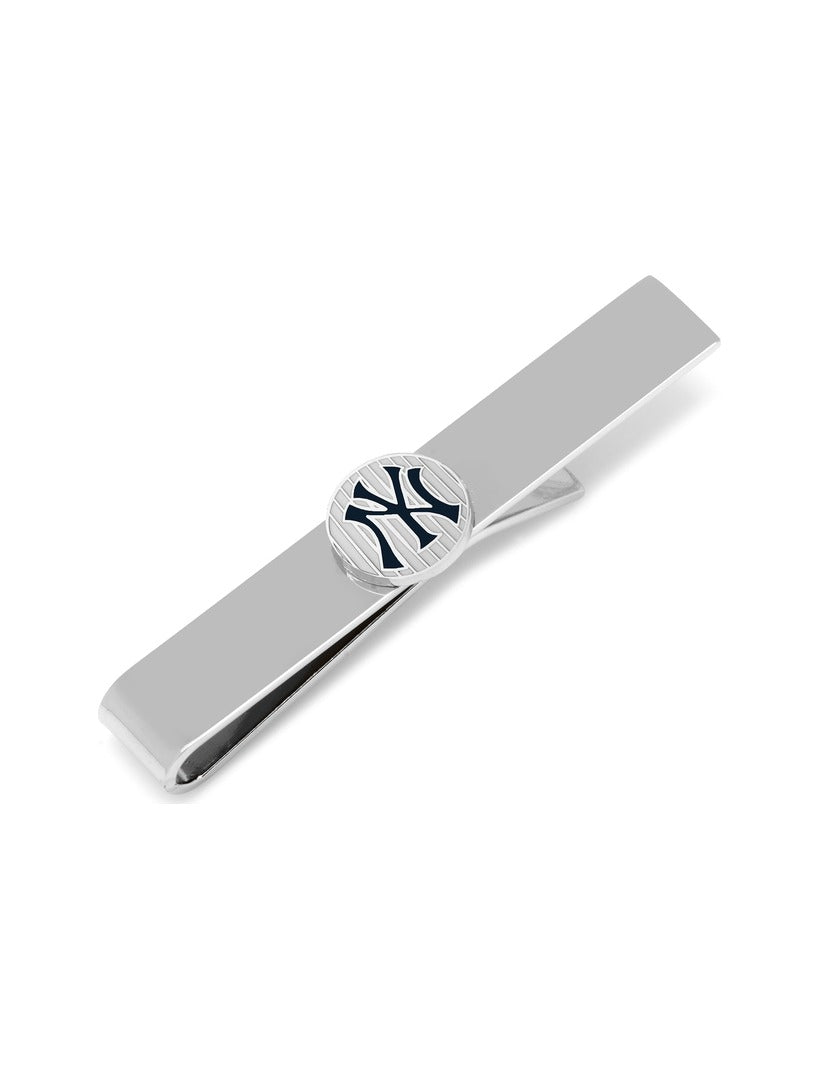 Silver-tone MLB New York Yankees Pinstripe Tie Bar featuring a circular medallion with a dark navy blue team logo on a pinstripe background.