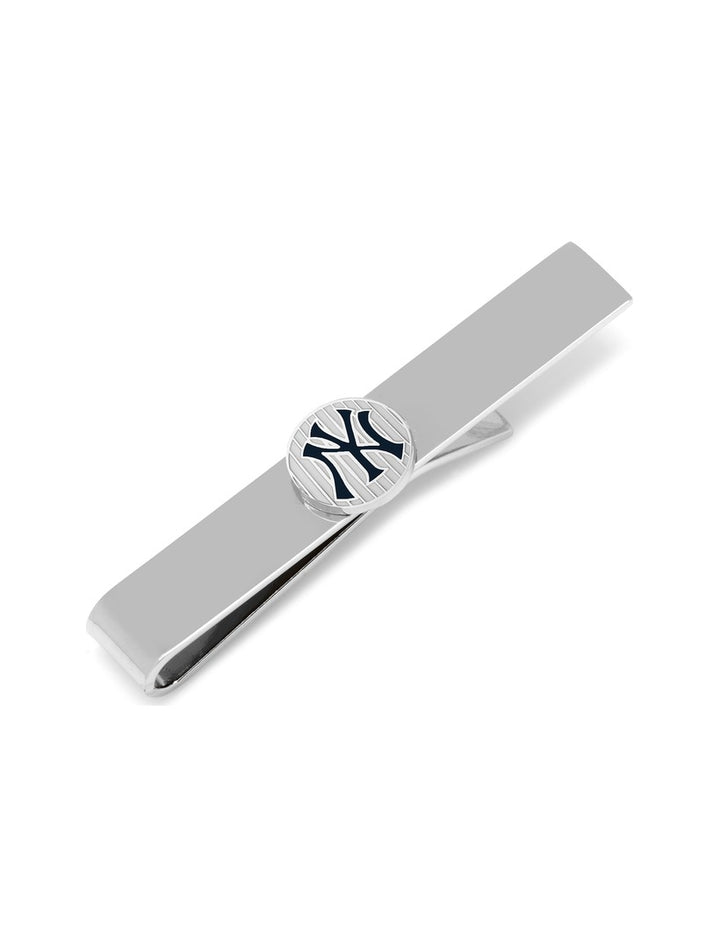 Silver-tone MLB New York Yankees Pinstripe Tie Bar featuring a circular medallion with a dark navy blue team logo on a pinstripe background.