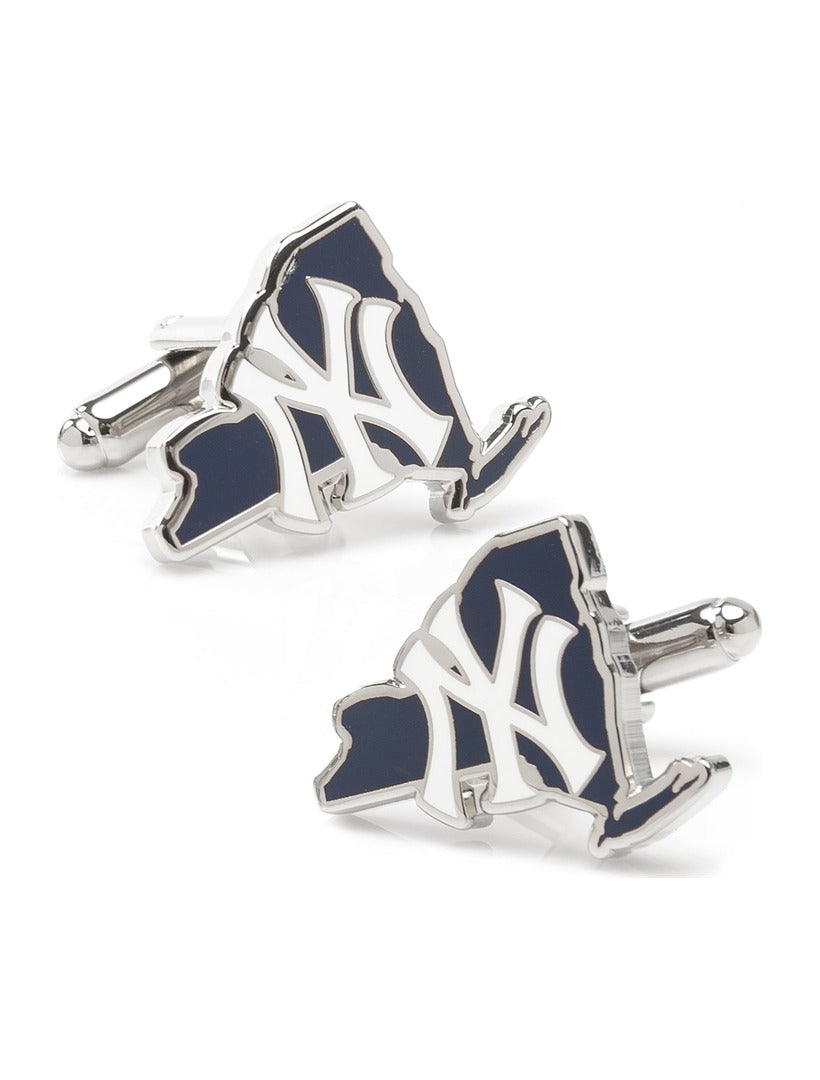 MLB New York Yankees State Shaped Cufflinks in the shape of New York, featuring a dark blue fill and a white interlocking NY logo.