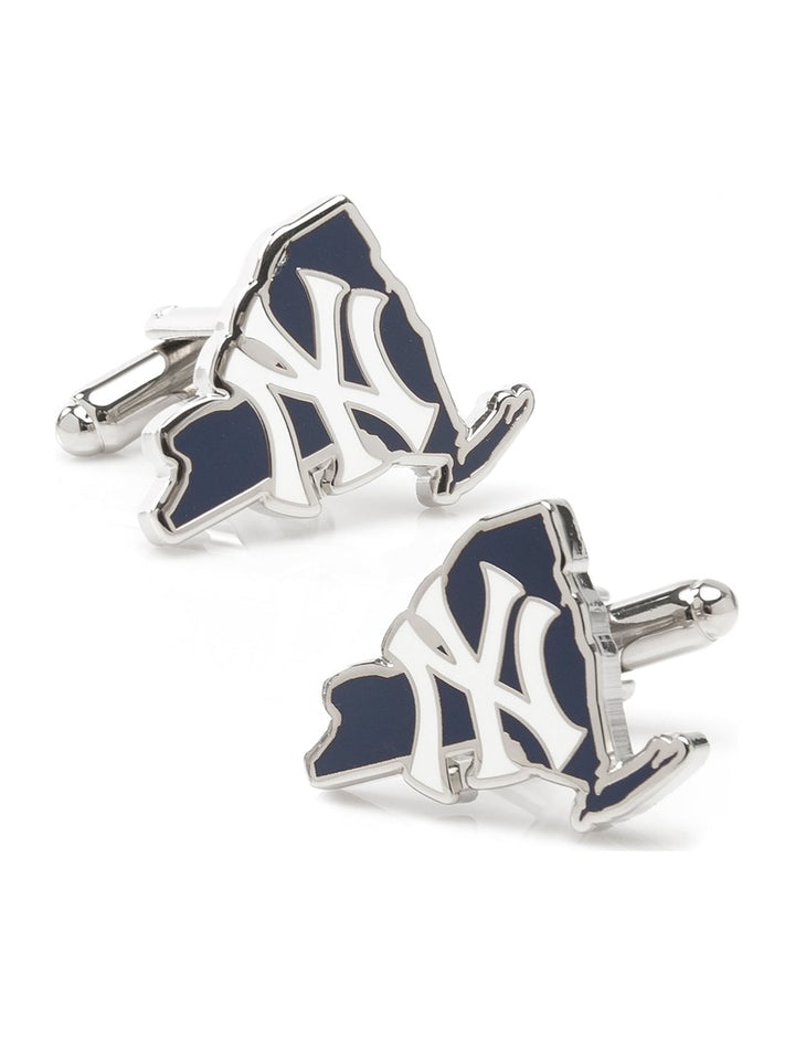 MLB New York Yankees State Shaped Cufflinks in the shape of New York, featuring a dark blue fill and a white interlocking NY logo.