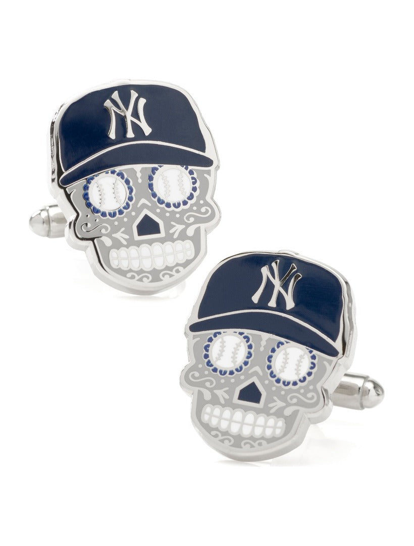 MLB New York Yankees Sugar Skull Cufflinks featuring silver-toned skulls with navy blue baseball caps and baseballs for eyes.