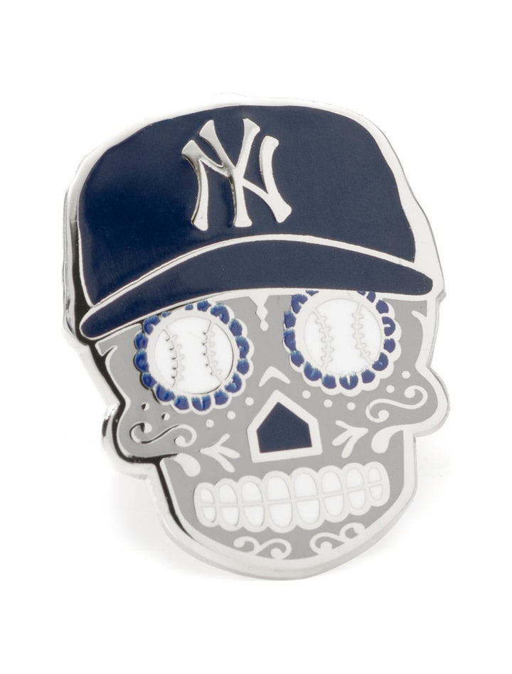 MLB New York Yankees Sugar Skull Lapel Pin featuring a navy blue baseball cap with a white NY logo and baseballs as eye sockets.