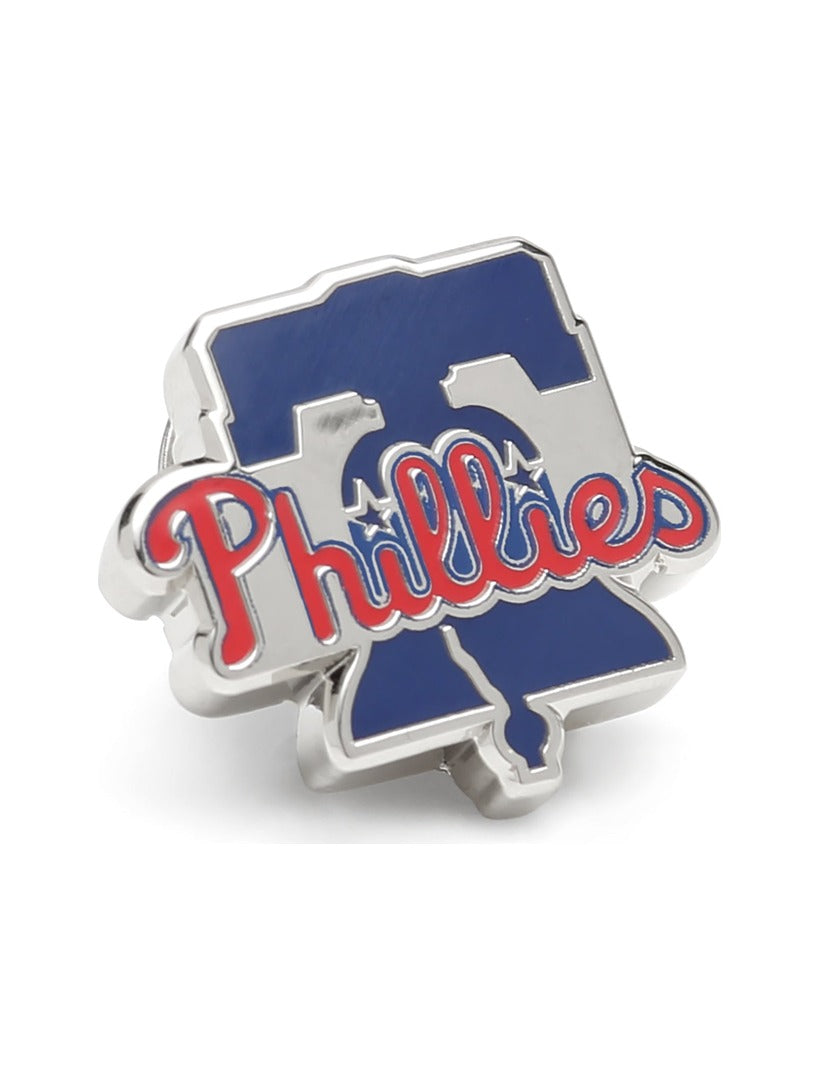 MLB Philadelphia Phillies Lapel Pin featuring a blue Liberty Bell icon overlaid with the word “Phillies” in red script.