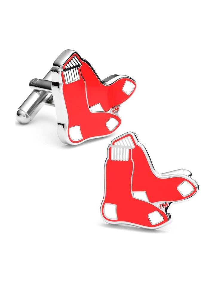 MLB Red Sox Cufflinks shaped like red socks with white accents and a silver-toned finish.