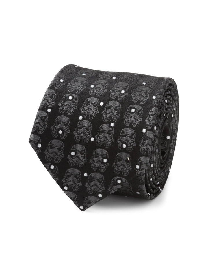 Star Wars Stormtrooper Dotted Black Tie featuring a repeated pattern of white helmets and small white dots.