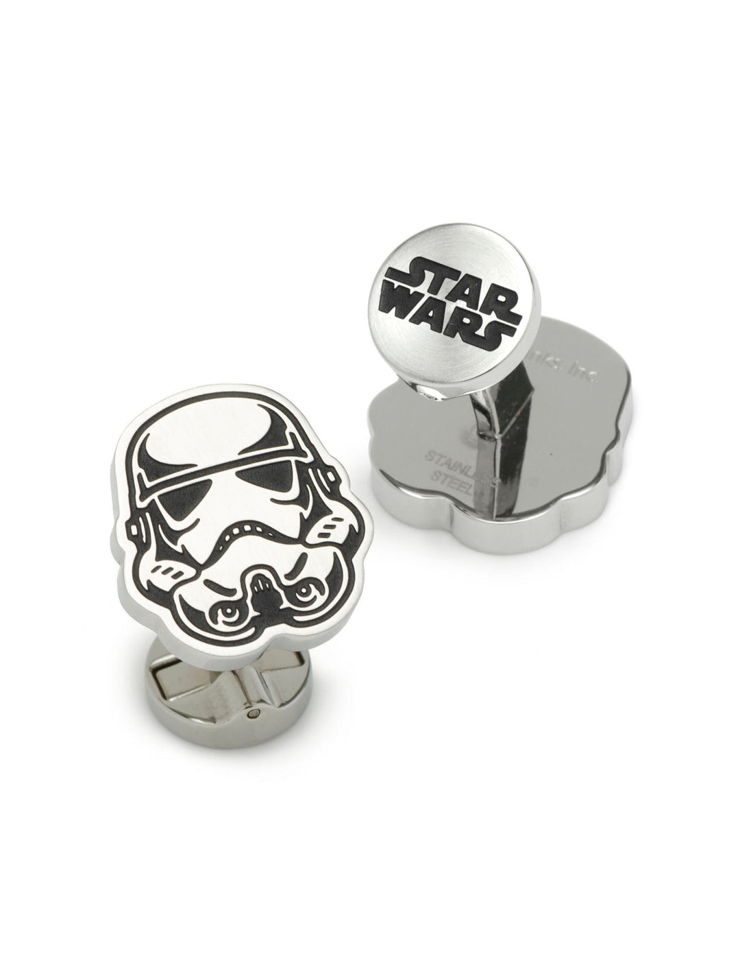 A pair of silver-toned Star Wars Stormtrooper Stainless Steel Cufflinks, one shaped like a Stormtrooper helmet and the other as a round disc engraved with the franchise logo.