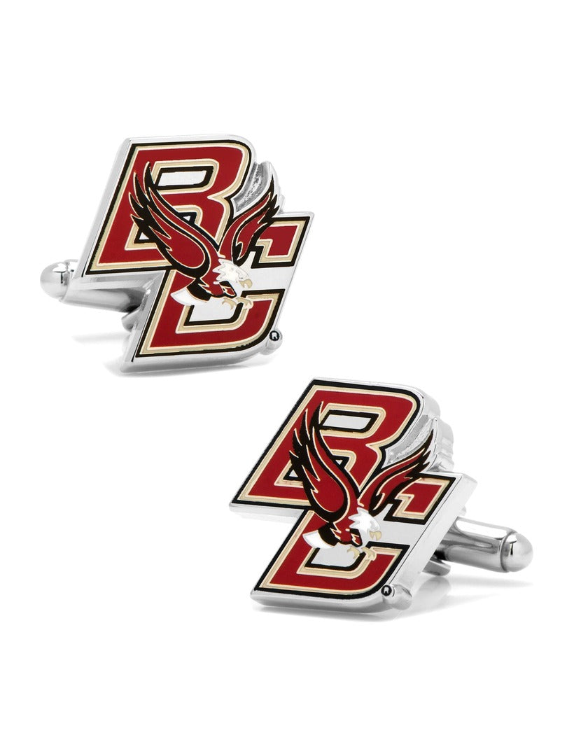 NCAA Boston College University Eagles Cufflinks in metal, featuring the university logo in red, black, and gold.