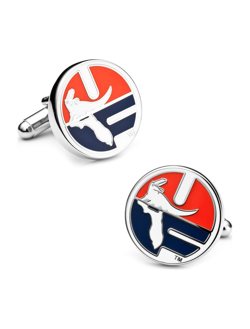 Two round metal NCAA Florida Gators Throwback Cufflinks featuring an orange, blue, and white logo of a stylized alligator.
