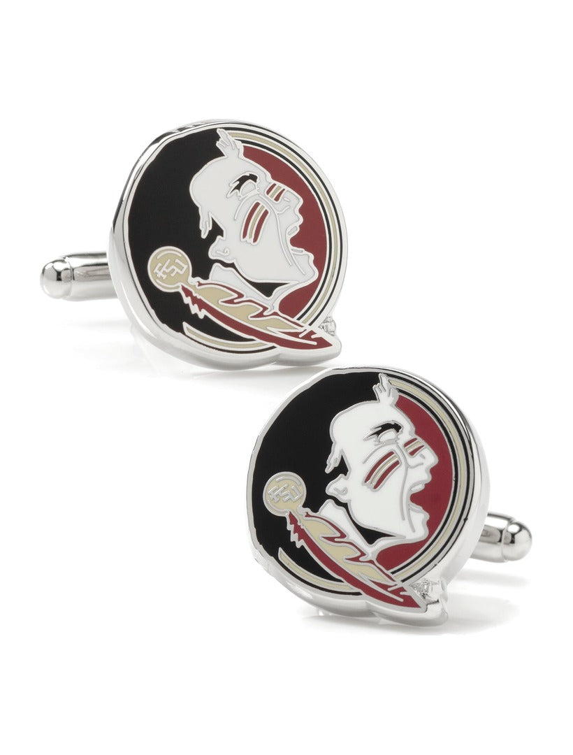 NCAA Florida State Seminole Head Cufflinks featuring a silver-tone circular enamel design with the Florida State University logo.